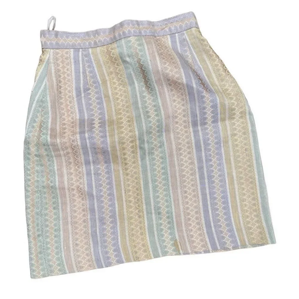 Designer Pastel Heart Print Jacquard Mini Skirt - Viscose Linen Blend - SZ S
